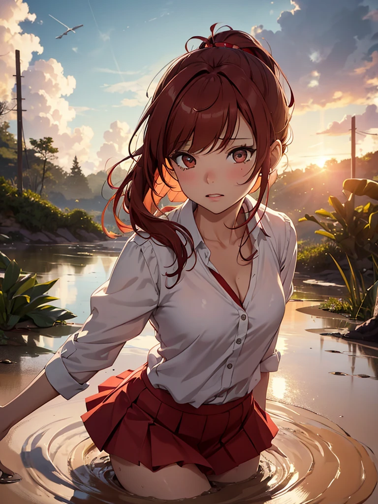 1girl, solo, masterpiece, best quality, high res, highly detailed, (illustration), beautiful detailed eyes, yuigahama yui, red hair ponytail, glossy lips, light makeup, orgasm, (looking up to the sky:1.5), intimate moment, school shirt, red skirt, cleavage, (quicksand:1.4), (from side:0), bog, swampy, crying, outstretched arm, asking for help