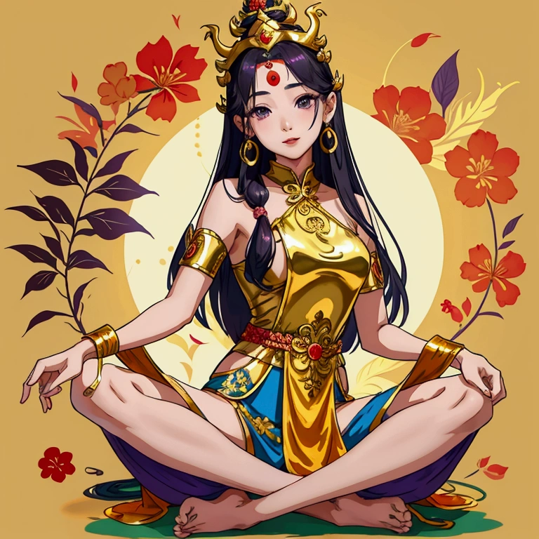Thai female characters,long hair,Wear Thai clothes,Wear a Thai tube top,,Thai person,Barefoot standing neatly,Thai Shivalai costume with purple chest shield,Put on the leaves,Wearing a golden crown,Thai pants with a polite Thai pattern,Dress politely,Not