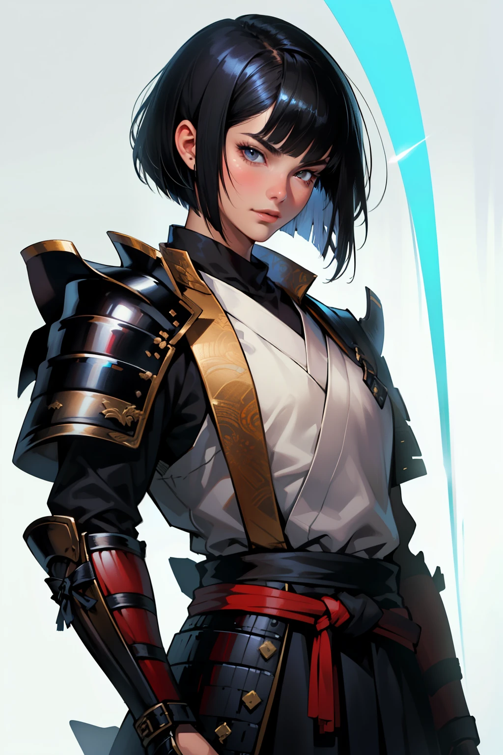 (high resolution, pixel perfect, gorgeous illustrations), (hyper quality, muste piece, etheric: 1.4), (((cowboy shot))), face focus, ((1girl)), (((Androgynous))), cool atmosphere, black hair, ((((bob cut)))), (((Exquisite face))), (ideal ratio body proportions, slender, small breasts), (((samurai_armor))), shiny skin, gleaming skin, simple background,