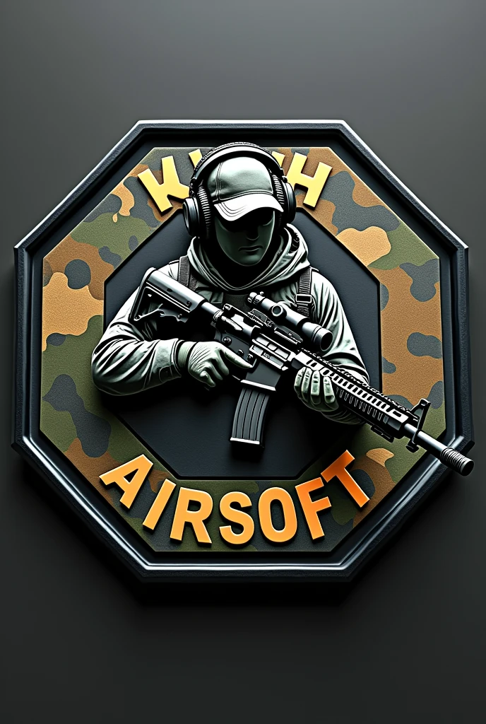 Create Hexagonal Rubberized Patch Cliché, camouflage coat of arms background, military coat of arms with the name Lukinha Airsoft, operator carrying an m4 rifle wearing a cap and headphones
