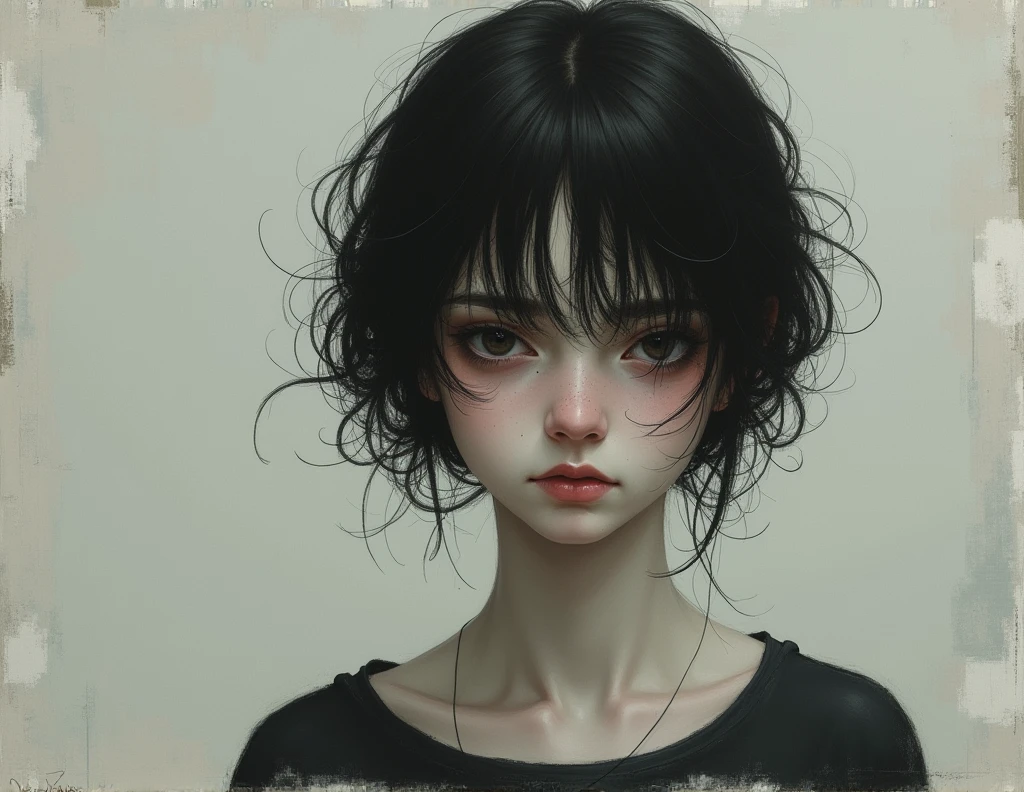 a one woman, looking 3, little hair and sad