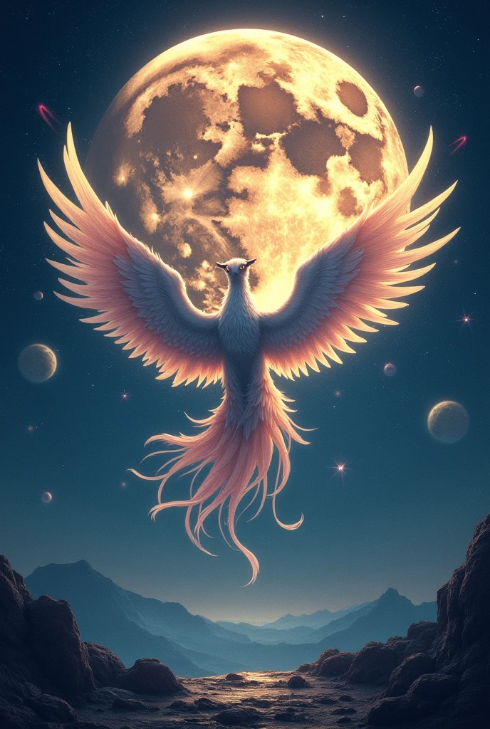 full moon plus meteorites, planets and only the wings of a phoenix, the wings separated and below Only the wings add the word DYNASTY in capital letters as a background above the moon and with a color similar to that of the moon, put it on top of the moon