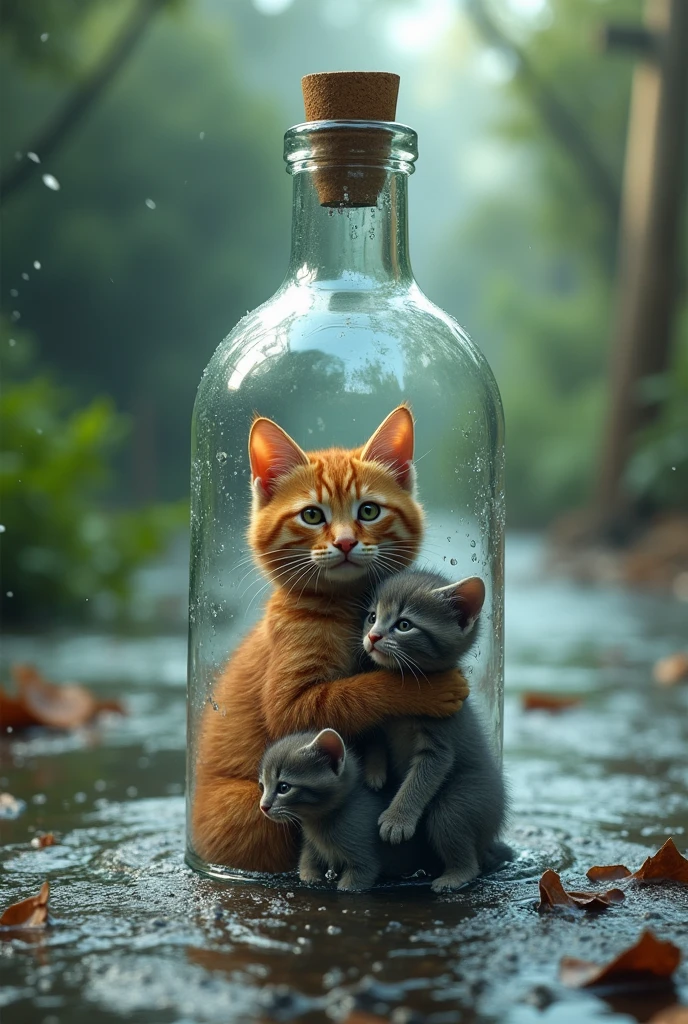 mother cat and kittens in a bottle during flood and litter
