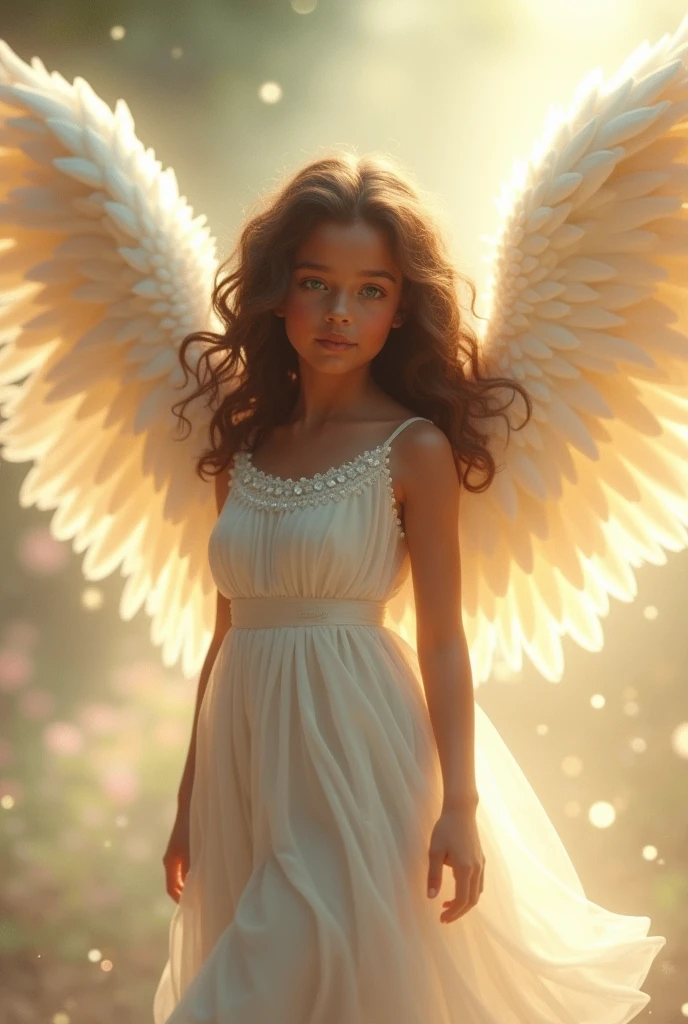 a girl with light brown skin, green eyes and curly brown hair dressed as an angel with big wings and a little white dress