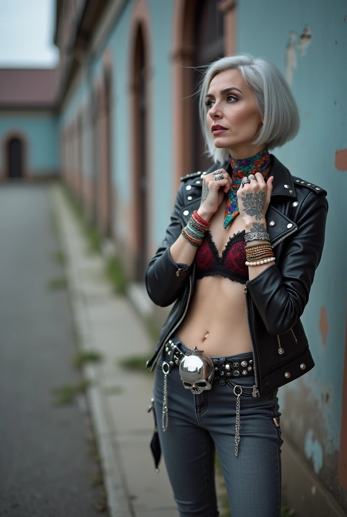 russian milf woman, grey hair (middle part) and wide colourful bandana as headband, with very light blue eyes, extremely pale. Wearing studded cropped black moto jacket with lots of zippers and pins, black and red lace push up bra , dark skinny blue jeans and pointy silver Chelsea boots with cuban heels . Lots of colourful thick bracelets, colourful collars and colourful rings. Tacky wide studded leather belt with oversized skull and bones buckle. Long bohemian earrings with feathers. Standing up, humble facial expression. Hands on her neck, showing off bracelets and rings. Chains around belt.. Listening in amazement to somebody speaking to her, toned six pack abdominals, thin neck, slim legs and thin arms. Tattoed heavily.  Bandana wrapped around her belt