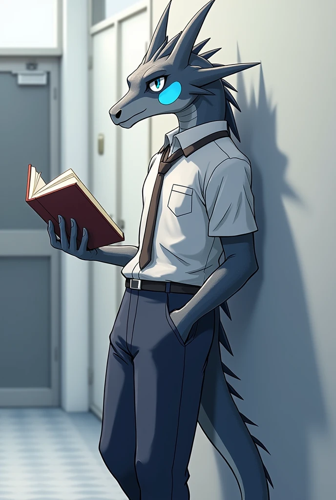 Male Dragon, gray color and white lines, there is a blue oval shape on his cheek, ideal body, high school student, so OSIS, wear high school student council uniform, wear school pants, he is reading a book while standing with one hand, his eyes glanced, one more hand in the pocket, leaning against the wall, have one tail, graphic anime