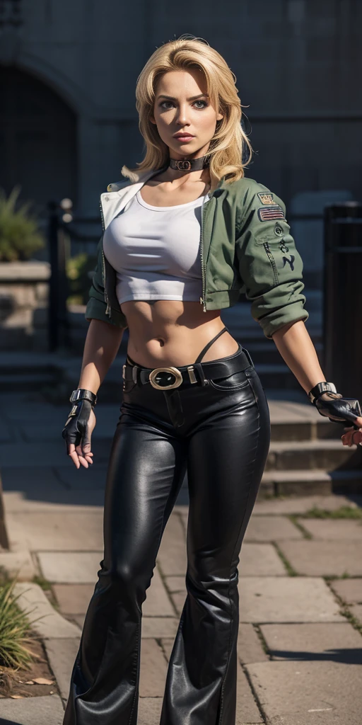 8k, masterpiece, best quality, ultra-detailed, sonyablade, 1girl, solo, long hair, blonde hair, cute blue eyes, breasts, choker, crop top, cropped green jacket, black fingerless gloves, full body, highleg panties, jacket, combat boots, lipstick, makeup, (abs:0.3), midriff, navel, black pants(Wide flares on pants:1.2),
