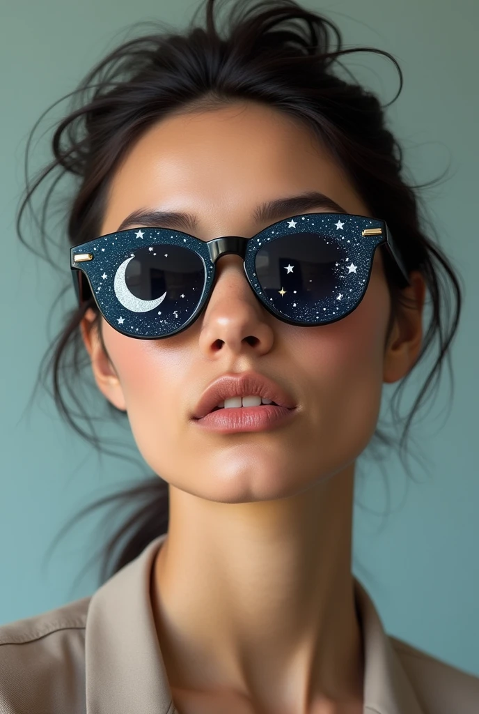 The model is wearing glass sunglasses with stars and the moon on the glass