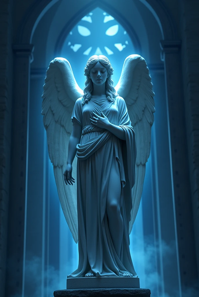 greek statue of an angel on a darker medieval background with blue aesthetics throughout the image