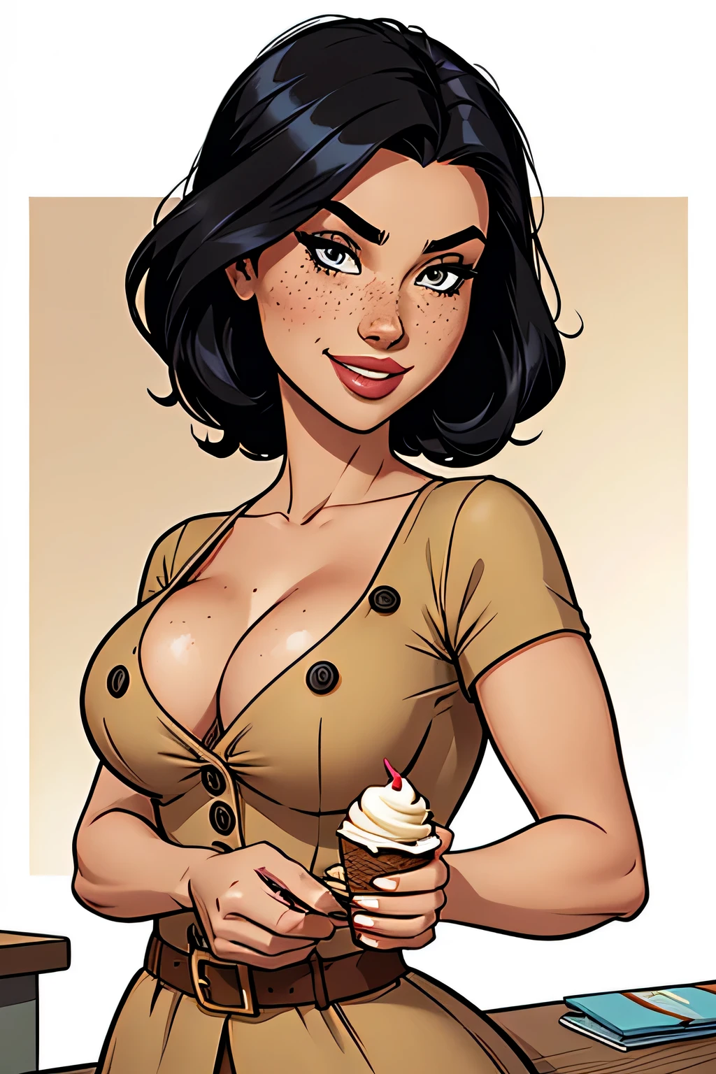 Thin woman, age 25, 4K (High definition), mysterious smile, seducing gaze, eyes browns, wearing a beige dress with a boat neckline (with buttons) and short sleeves, arms positioned at the side of the body, Caucasian skin, straight black hair down to shoulder length, upper body (in front of a table, having ice cream), full of curves with freckles across her chest and neck, round breasts. Marvel style high quality, white background.