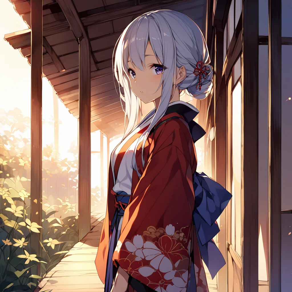 Young woman wearing Japanese clothing、early morning'Atmosphere of。長いblack髪にpurpleがかった色味、Tie a part loosely、残りteeth肩に流れ落ちる。Looking over the right shoulder、Only the left eye is visible in profile。Smooth skin like white porcelain、length, Narrow eyes、Small lips。A fleeting and mysterious atmosphere、A bit of a depressing mood。A beautiful white kimono with a floral pattern。blackい帯と襟、帯teeth大きな蝶結びで背中で結ばれている。着物にteethred、purple、pink、Delicately painted white floral pattern、Expressing with Gradient。length, Drag the hem、Expressing the texture and wrinkles in detail.。透け感のあるblackい羽織を肩にかけている。White flower hair ornament、桜やplumの花をイメージ。circular composition、Place it against the background of a full moon。背景teethdark blueから白へのグラデーション、The impression of the night sky turning into morning。Silhouettes of flowers and plants are scattered throughout the background.、Expressing the appearance of dancing in the wind。Put a dark color on the left、Put a lighter color on the right、Representing the balance of yin and yang。Mainly white、black、dark blue、red、purpleのコントラスト。着物の花柄に使用される色teeth、淡い色から濃い色までExpressing with Gradient。背景の花のシルエットteeth白や薄い青で表現し、Create a great atmosphere。Based on Japanese anime and manga style illustrations、A fusion of delicate line drawings and watercolor-like gradations。Detailed depiction of petals and leaves、特に着物の模様teeth極めて精緻。キャラクターの輪郭線teeth細く、Blur the boundary between the subject and the background。Expressing the movement of petals dancing in the wind、Pay particular attention to how the pieces scatter around the outside of the circle.。Gives effect to character expressions'outline blends into the background、Especially the hair and the hem of the kimono.。Soft light created by moonlight、Give a soft light effect along the character'outline。A fusion of Japanese fantasy and modern illustration techniques。Mysterious and ephemeral atmosphere、A contrast of majestic strength。Before dawn、Darkness and light、Expressing the duality of strength and elegance。季節感としてteeth春の終わりから初夏を想起させる。Varying line thickness and shading、For a sharp finish。Kimono pattern and background flowers々々teeth、Create subtle details with the Brush tool。Adjust the contrast between the character and the background、To highlight the main character。Keep the overall color scheme consistent、For a harmonious look。着物の裾からredい花びらが散り、Spread across the ground。背景の植物teeth桜、plum、Focus on wisteria flowers、Representing seasonal changes。キャラクターの立ち姿teeth凛として美しく、the spine is straight。The moonlight reflects off the fabric of the kimono、Creates a subtle sheen。