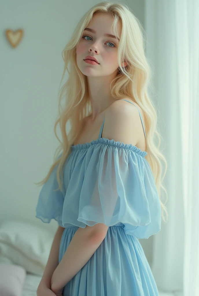 A cute pale-skinned ta with sandy blonde hair and white skin in a blue dress, barefoot and with an innocent look with an ultra-realistic style, almost angelic in appearance. 