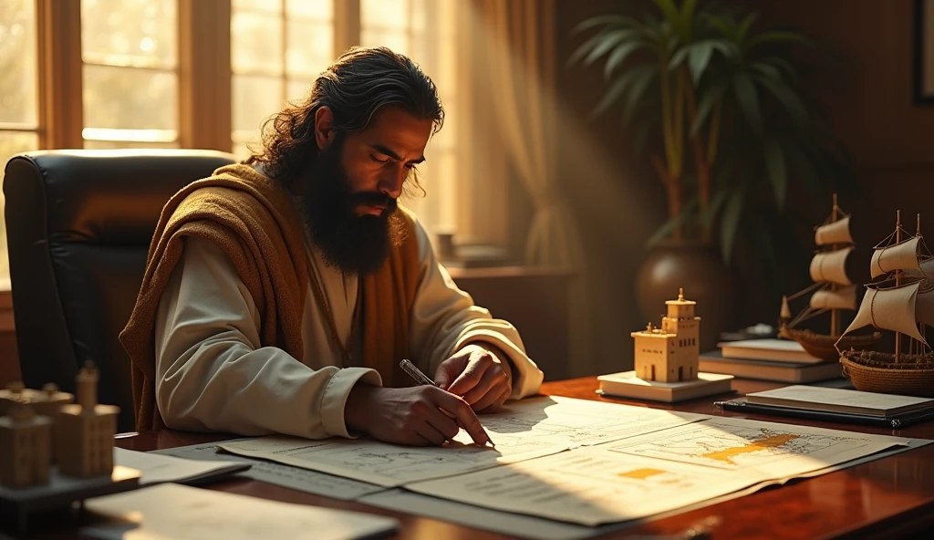 Create a hyper-realistic and mysterious image of Solomon in an office, where he is sitting at a large, organized table. In front of him, there is a detailed financial diagram, highlighting different pathways for investment and growth. Ao redor da mesa, are three-dimensional models of future projects, such as buildings and merchant ships, symbolizing the opportunities he is planning. Golden light illuminates the scene, creating an atmosphere of control and clarity. Solomon's expression should be one of focus and confidence., highlighting that financial planning allows you to transform dreams into tangible reality.