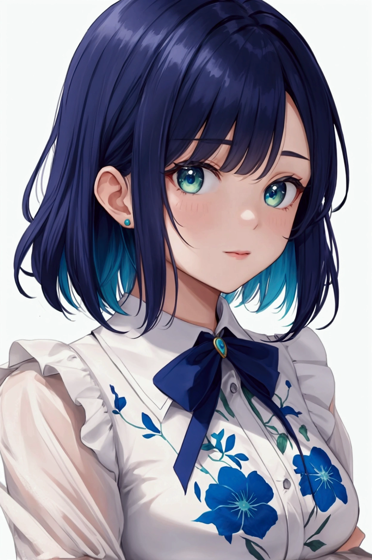 A cute, young-looking 20-year-old girl.
Her hair is a Compact Short Hair.
Her hair color is a mixture of blue and green.
Her eye color is a mixture of blue and green.
No background.
Her face seen from the front.
She is wearing a casino dealer's dress with a white shirt over it.