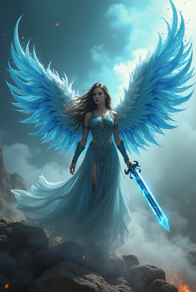 ,((Best quality, 8k, 32k, masterpiece,RAW photo, (realistic, photo-realistic:1.3),best quality,highly detailed,masterpiece,ultra-detailed)) , ((powerful sorceress, casting magic), A captivating fairy of ice, lava, and tsunami: soaring upward on bio-mechanical wings, her piercing gaze commands respect, with a sword shining bright, reflecting elemental forces within swirling smoke, surrounded by enthralling sparks, amidst an otherworldly landscape.
