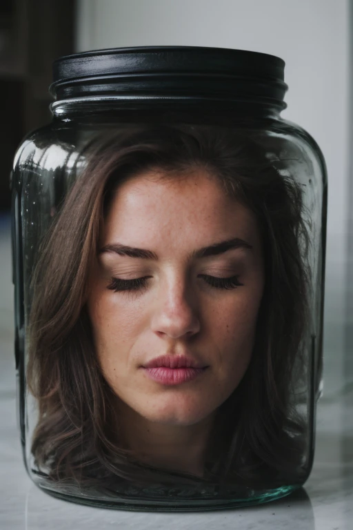 ((severed head stored inside a glass jar)), headless, sexy, beautiful woman, (eyes closed), (realistic), (high quality)