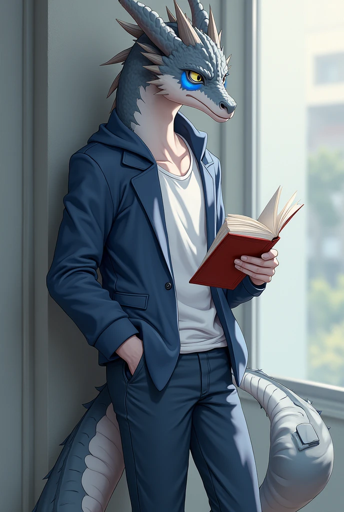 Male Dragon, gray color and white lines, there is a blue oval shape on his cheek, ideal body, high school student,  so OSIS, wear high school student council uniform, wear school pants, he is reading a book while standing with one hand, his eyes glanced, one more hand in the pocket, leaning against the wall, have one tail, graphic anime