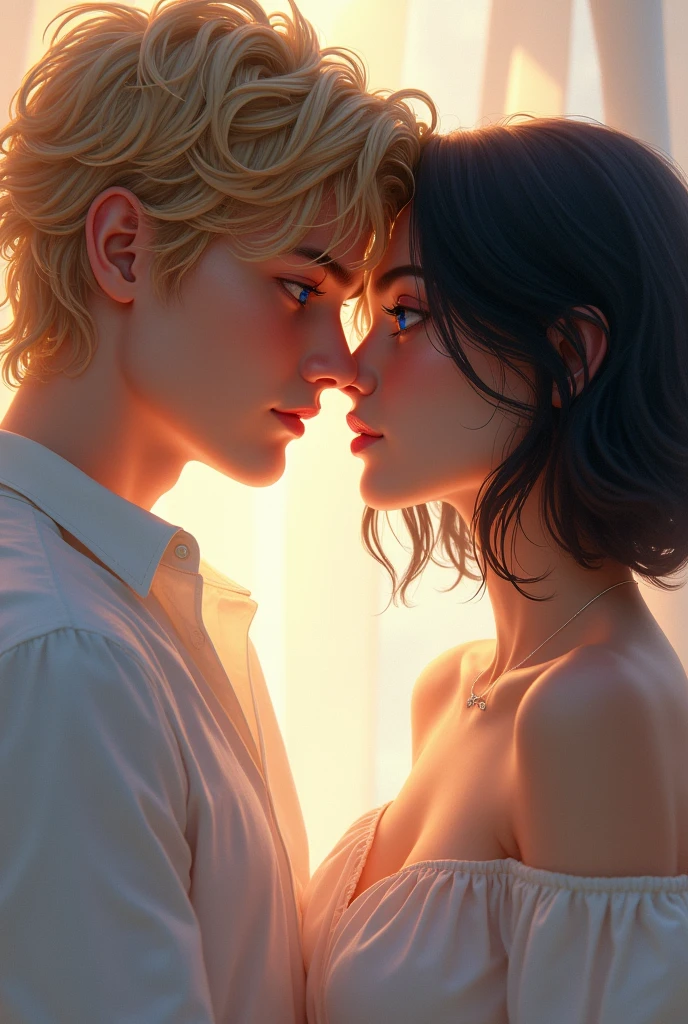 Imagine a cover in pastel tones, I want my protagonists to appear on the cover, A man with blond hair, disordered, tall blue eyes, I want this looking into the eyes of my female protagonist with shoulder-length black semi-wavy hair, Brown eyes, both with fine features, that in the photograph you can see tension between them, something sensual