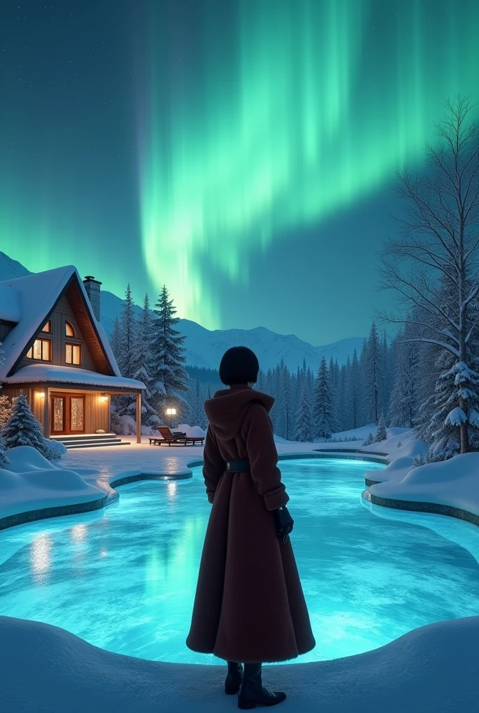 northern lights with a frozen pool, a very luxurious and large cabin, a girl with short black hair and very warm, beautiful and expensive clothes