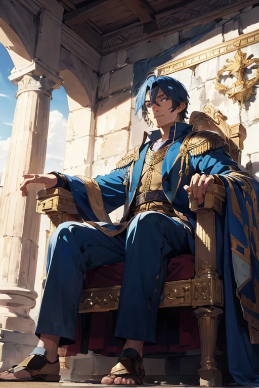 king of ancient Greece, man in blue clothes, ((HAIR OF GOLD)), armour, sitting on his throne