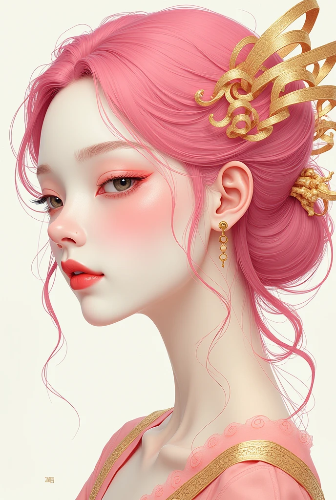 (White background:1.4),(Girl's head silhouette, Eyes closed, Long colored hair, Oriental elements),(Chinese illustration:1.3,Paper Art:1.3, キルティングPaper Art:1.2),( Streamlined Design, Clear lines, High sharpness,Better Quality, Very detailed, Master Parts, Film Light Effect, 4K ) Illustration design, porcelain doll skin, beautiful detailed eyes, beautiful detailed lips, extremely detailed gold eyes and face, long eyelashes, upper body, from side, looking at viewer, (fractal art:1.3), (pink hair:1.2), water, liquid, cloud, colorful, starry, stars, (best quality, 4k, 8k, highres, masterpiece:1.2), ultra-detailed, (realistic, photorealistic, photo-realistic:1.37), vibrant colors, studio lighting, extremely detailed description, professional, concept art, surreal, 1920s french vibe, monochromatic gold and pink palette, in the style of french illustrator moebius, gold elements,