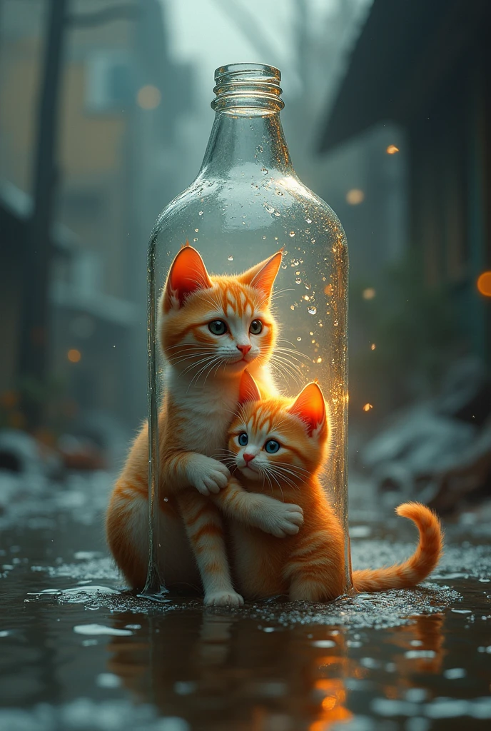 mother cat and a kitten in a bottle during flood and litter