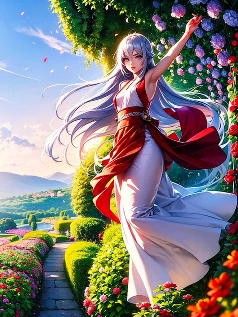Magnificent View、Floating Island、Hanging Garden、Outdoor、Vision、anime、High definition、Miko costume、Holy Maiden、Dancing and spinning in a garden full of blooming flowers、Silver Hair(Long Hair、The top of the head is indigo blue、The ends of the hair are red.)、Jade Eyes