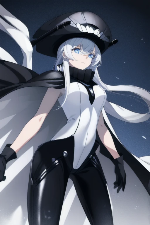 wo-class aircraft carrier, hat, gloves, hair, 1girl, white hair, solo, white skin, black gloves, bodysuit, blue eyes, black cape, leather pants, Masterpiece, Best Quality, night