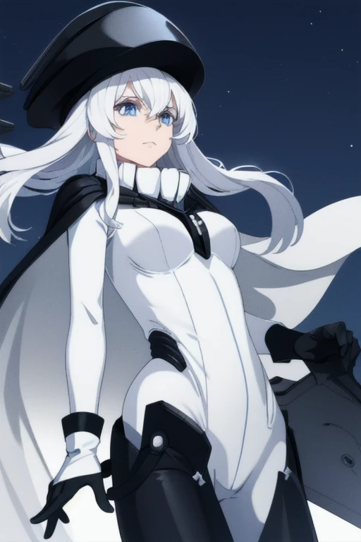 wo-class aircraft carrier, hat, gloves, hair, 1girl, white hair, solo, white skin, black gloves, bodysuit, blue eyes, black cape, leather pants, Masterpiece, Best Quality, night