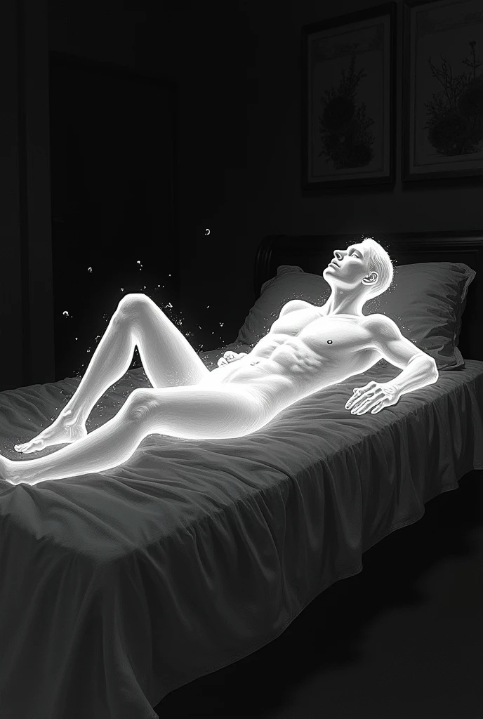 ghost of a man lying on a bed in a sexy way, drawn and in black and white