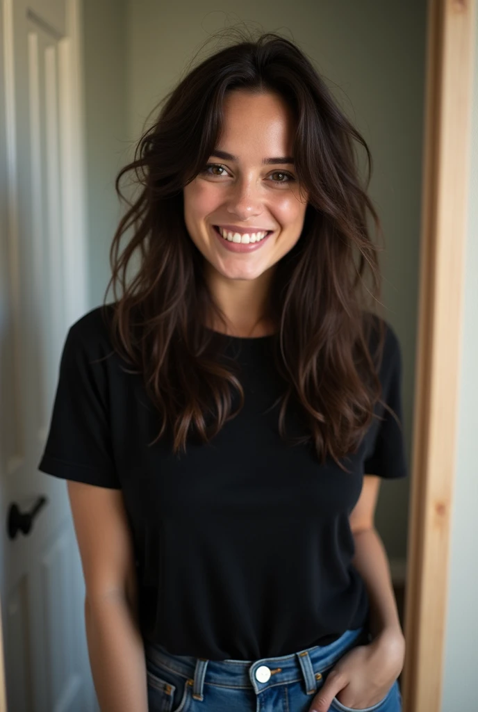 A woman resembling Scarlett Johansson, smiling, wearing a black dress and long dark hair, looks directly into the camera. She just woke up disheveled, taking a selfie in the mirror, wearing a black t-shirt and blue jeans.