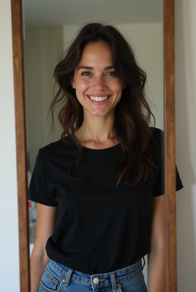 A woman resembling Scarlett Johansson, smiling, wearing a black dress and long dark hair, looks directly into the camera. She just woke up disheveled, taking a selfie in the mirror, wearing a black t-shirt and blue jeans.