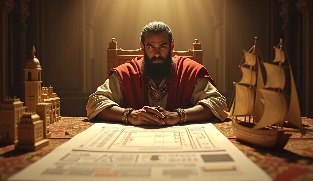 Create a hyper-realistic and mysterious image of Solomon , where he is sitting at a large, organized table. In front of him, there is a detailed financial diagram, highlighting different pathways for investment and growth. Ao redor da mesa, are three-dimensional models of future projects, such as buildings and merchant ships, symbolizing the opportunities he is planning. Golden light illuminates the scene, creating an atmosphere of control and clarity. Solomon&#39;s expression should be one of focus and confidence., highlighting that financial planning allows you to transform dreams into tangible reality.