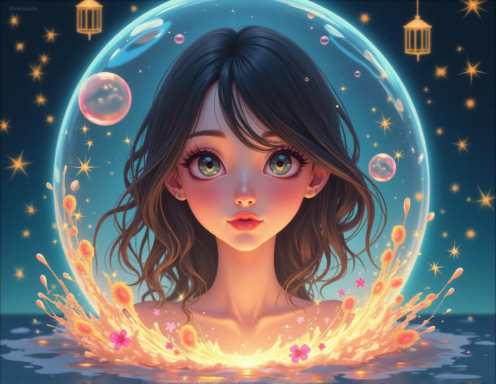 Layla (work of art), (best qualityer), (ultra detaild),(Shaggy hair),(illustration), (1girl), beautiful detailed eyes,delicate and beautiful face,Floating,(high saturation),(colorful splashing),colorful bubble,(shining),facefocus, sitting inside a glass ball, g;ass cage, golden stars and lanterns