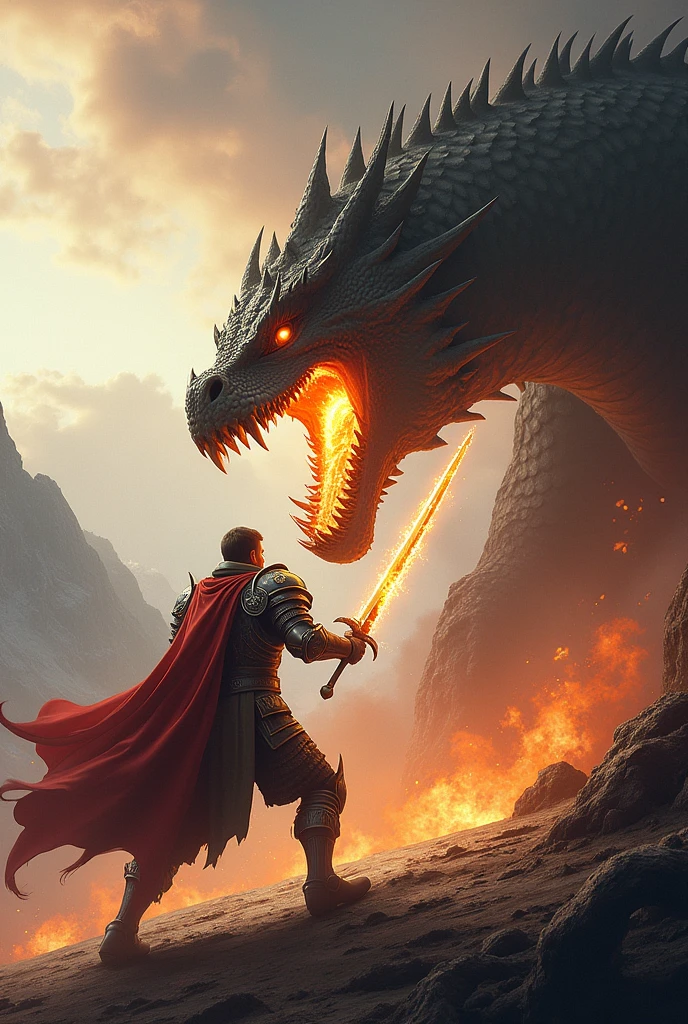 A knight fighting a dragon with a flaming sword