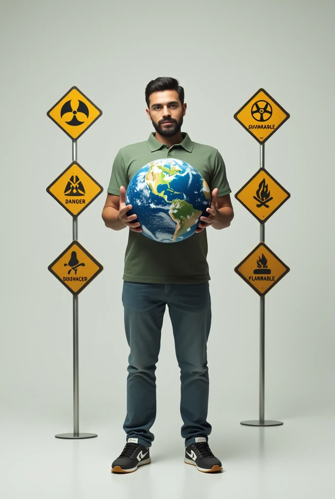 Human holding earth and five safety signs around the human