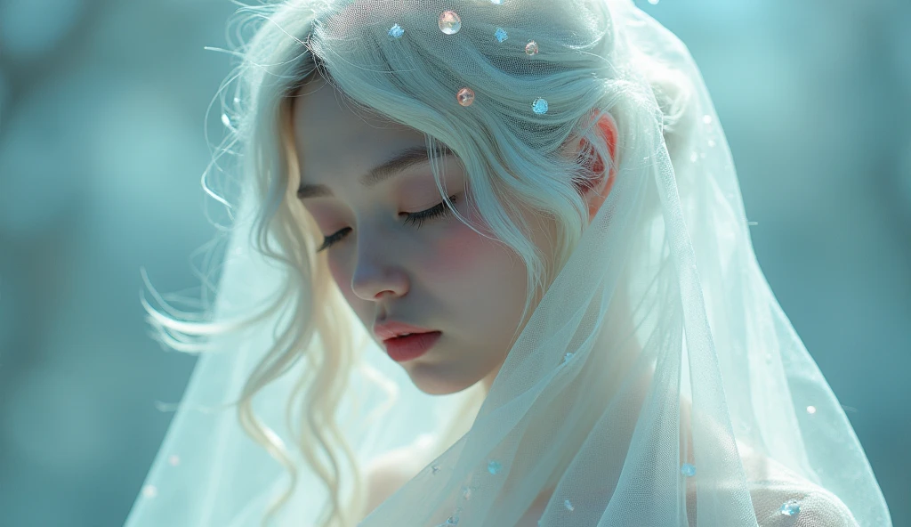 A mysterious figure covered in a translucent cloth、Abstract and ethereal portraits, Crystals decorating hair, A swirl of dreamy pastel colors and soft light, Evokes a sense of serene serenity and elusive beauty, Attention to detail, An award-winning masterpiece with stunning detail . Non-expressive, Color and shape, emotional expression, Imaginative, Very detailed