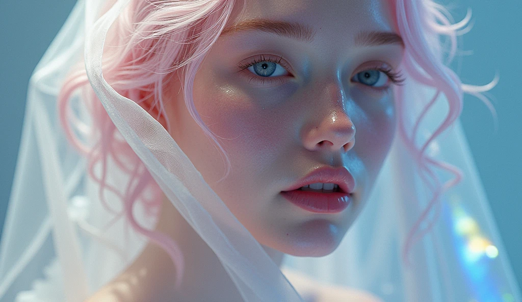 A mysterious figure covered in a translucent cloth、Abstract and ethereal portraits, Crystals decorating hair, A swirl of dreamy pastel colors and soft light, Evokes a sense of serene serenity and elusive beauty, Attention to detail, An award-winning masterpiece with stunning detail . Non-expressive, Color and shape, emotional expression, Imaginative, Very detailed