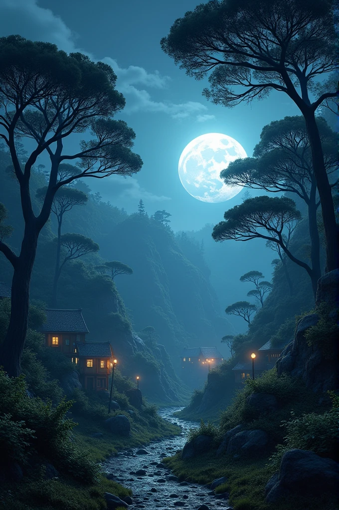 A dark, starry night sky with a bright full moon illuminating the scene. The moon casts a strong, silvery light over the village and the surrounding forest. Tall trees in the forest are swaying vigorously due to strong winds. The trees’ branches and leaves are visibly moving, creating a sense of motion and unease. The ground appears to be trembling slightly, suggesting an underlying disturbance.