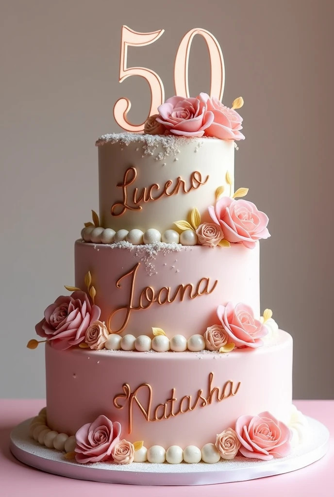 generate a photo of a cake with writings on top. here's the writings
Lucero - 50
Joana - 45
Natasha - 45
Rain - 35