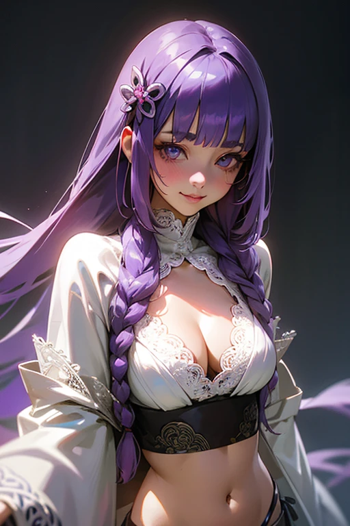 1 person, Blunt bangs, Braiding, Wide sleeves, hair ornaments,Obi says, (Purple Hair:1.2), Very long hair, Straight hair, Looking at the audience, Highly detailed background, (Realistic:1.2), Beautiful Eyes, Red eyeshadow, thigh, (Urzan-6500:0.7), Upper Body, (alone:1.2), (Cyberpunk City:1.1), Cleavage,,Glowing Skin、(Navel exposed).((Face close-up))、((smile))、(White lace outfit).((Surprised face)).