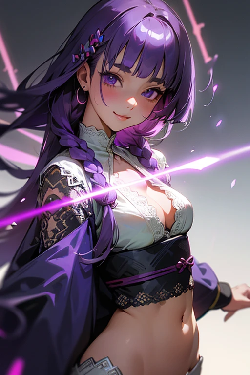 1 person, Blunt bangs, Braiding, Wide sleeves, hair ornaments,Obi says, (Purple Hair:1.2), Very long hair, Straight hair, Looking at the audience, Highly detailed background, (Realistic:1.2), Beautiful Eyes, Red eyeshadow, thigh, (Urzan-6500:0.7), Upper Body, (alone:1.2), (Cyberpunk City:1.1), Cleavage,,Glowing Skin、(Navel exposed).((Face close-up))、((smile))、(White lace outfit).((Surprised face)).