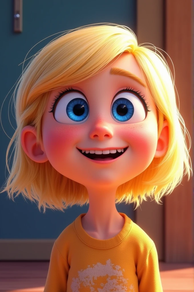Blonde girl with blue eyes and braces Riley from inside out 2, smile, blush, looks up, sweaty