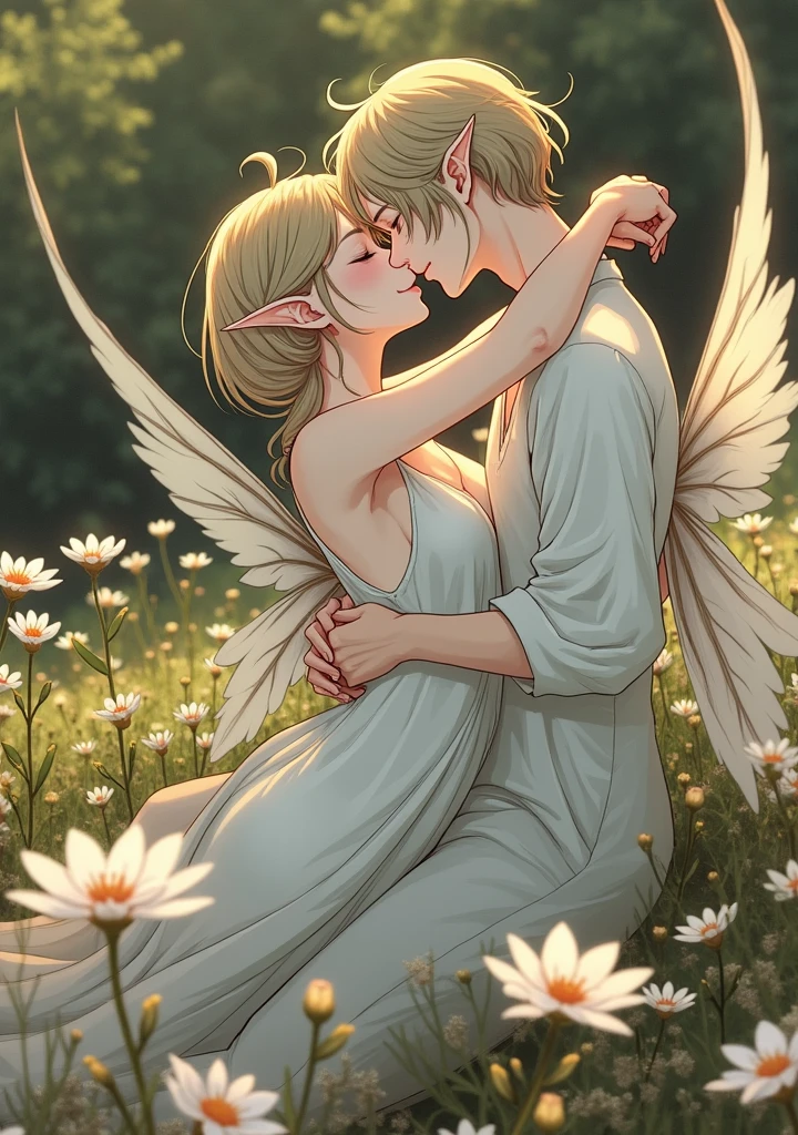 a couple of TWO MEN, they are elves and have fairy wings, They are naked kissing in a field of white flowers, anime styling