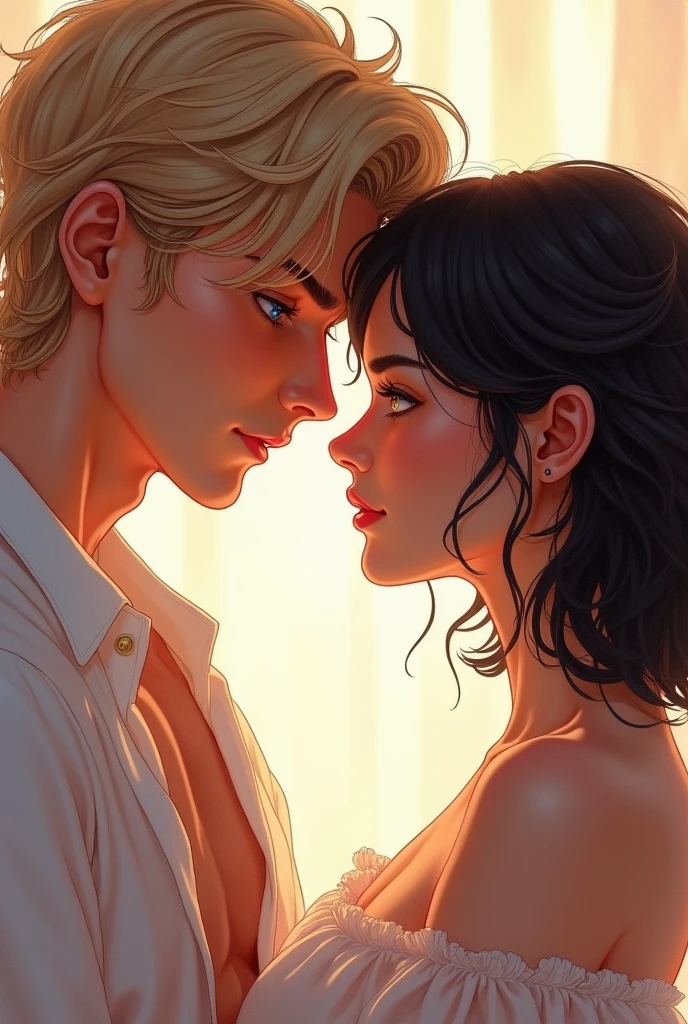 Imagine a cover in pastel tones, I want my protagonists to appear on the cover, A man with blond hair, disordered, tall blue eyes, I want this looking into the eyes of my female protagonist with shoulder-length black semi-wavy hair, Brown eyes, both with fine features, that in the photograph you can see sexual tension between them, something sensual