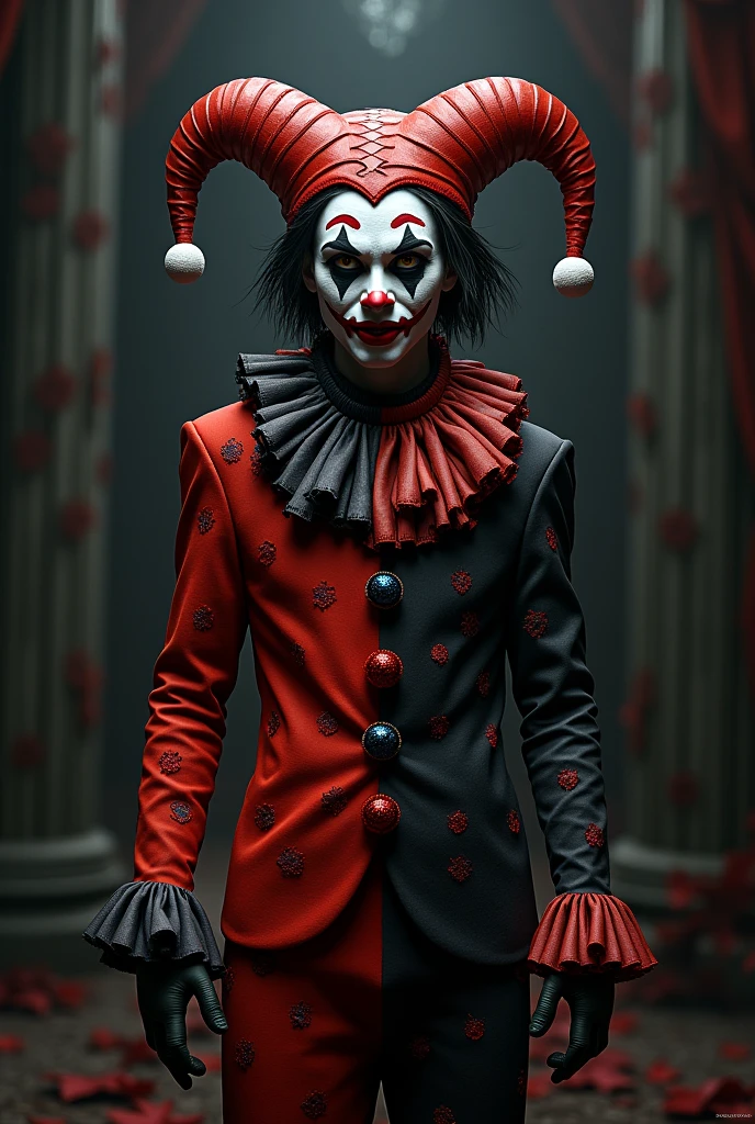 Create a highly detailed, anatomically correct, 4K digital illustration masterpiece of a jester character. The jester is dressed in a traditional harlequin costume with a mix of vibrant red and rich purple colors. The left side of the costume has a intricate red and white diamond pattern, while the right side is a solid, luxurious purple. The jester wears a double-cornered hat with ornate bells on the ends, one side red and the other purple. The character has fair skin, a white painted face and exaggerated, expertly applied black makeup around the eyes and mouth, creating a sinister, yet playful smile. The jester's outfit includes a intricately ruffled collar, puffed sleeves, and black boots with ornate buckles. The character poses with his knee bent and one hand resting on his hip, exuding a mischievous and playful demeanor.