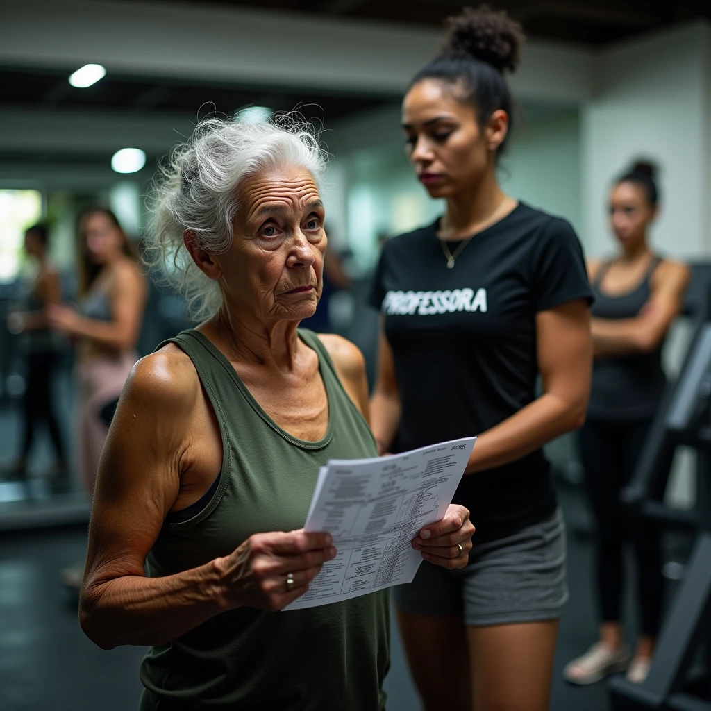 In a lively gym dominated by the presence of women, the scene brims with energy as top-tier weight machines and workout equipment populate the background. In sharp contrast, the foreground captures an elderly Brazilian woman, aged 65, clutching a small workout sheet that resembles a card. Her expression is one of deep sorrow and confusion, her eyes betraying a profound sense of abandonment as she struggles to understand the instructions for her exercises. Despite her obvious need for help, she stands alone, a figure of isolation in a bustling environment. Behind her, in a softer focus, stands a young Black gym instructor, 2, wearing a black t-shirt with ‘PROFESSORA’ written prominently. The instructor is surrounded by three female students, all clearly upset and frustrated, their dissatisfaction palpable as the instructor, overwhelmed, is unable to give them the attention they need. This tension-filled scene takes place in a high-end gym, equipped with premium machines catering primarily to a female clientele. The image should be captured with the ultra-realistic quality of a Canon EOS R5 camera coupled with an RF 50mm f/1.2L lens, known for its exceptional clarity and depth. A PolarPro QuartzLine ND filter will ensure smooth contrasts and perfect exposure, while a Tiffen Glimmerglass filter will add a gentle softness to the light, enhancing the emotional depth of the scene. The final image should highlight the elderly woman's sense of abandonment and the gym instructor’s overwhelmed state, with every detail rendered in striking realism.