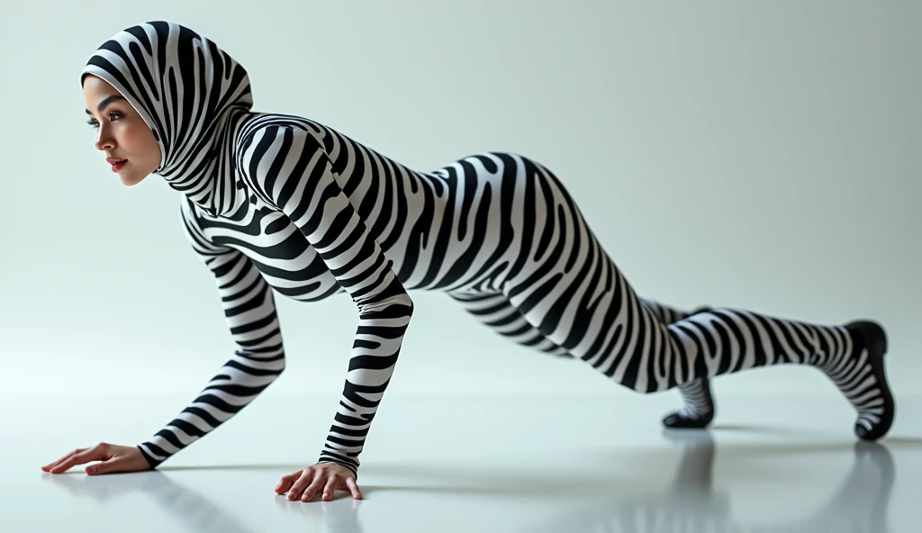 a beautiful asian muslimah woman with zebra striped seamless print hijab wears zebra striped seamless print unitard catsuit.She is crawling.