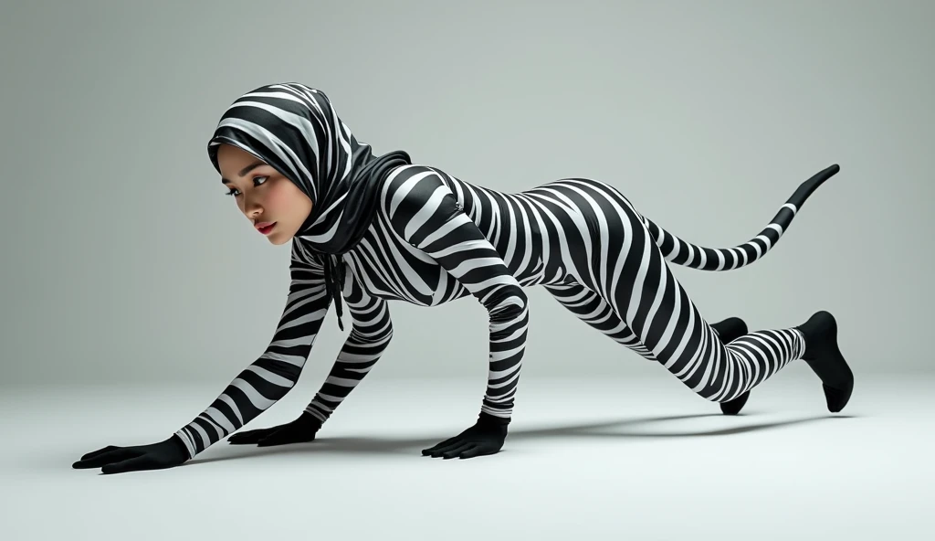 a beautiful asian muslimah woman with zebra striped seamless print hijab wears zebra striped seamless print unitard catsuit.She is crawling.