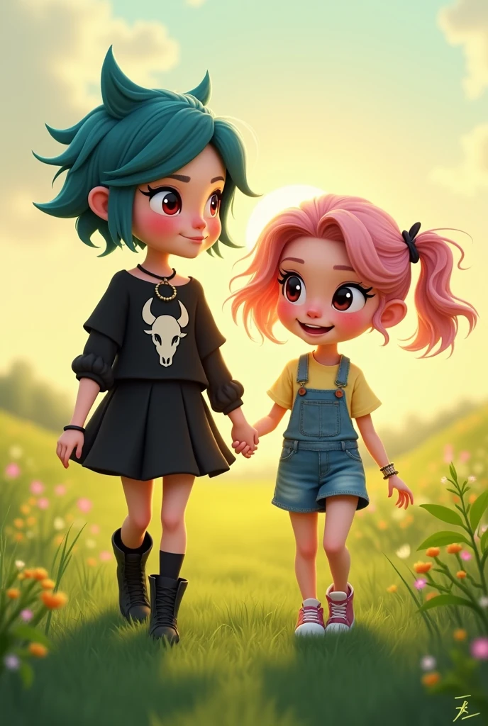 create two female characters, two sisters, Whole body, One with short hair and the tips of her hair raised in a dark aqua blue color and a black skirt and blouse, her blouse that has a goat skull, black necklace, Boots, kitten stockings, Draw the youngest with slightly fluffy, wavy, pastel pink hair., put a bracelet on it, Put on a denim outfit and a pastel yellow shirt, street style tennis, the one with blue hair give her red eyes and the one with pink hair give her black eyes, Put eyeliner and eyelashes on both of them, blushing, holding hands walking forward through the grass, Make the little one smile, pixar style